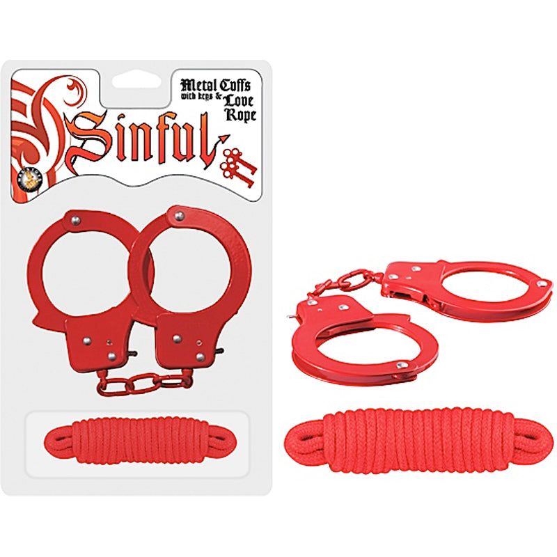 Sinful Metal Cuffs With Keys & 118 inch Love Rope (Red)