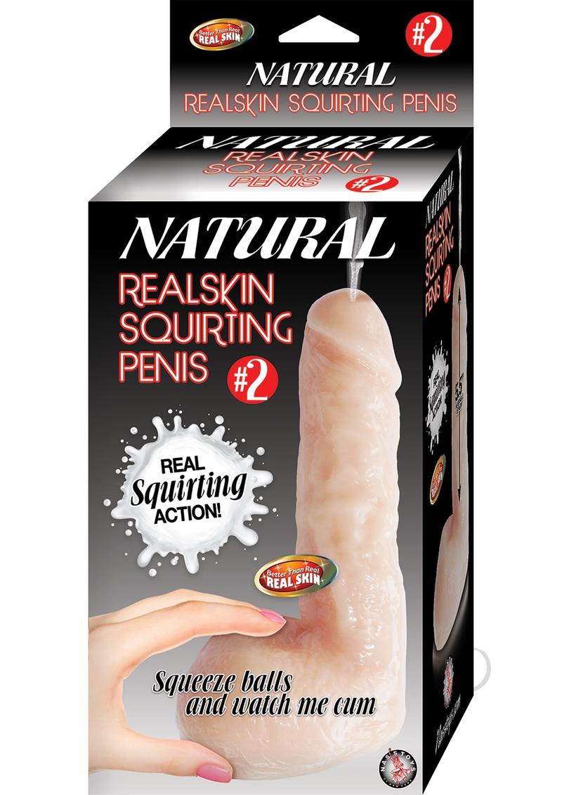 Natural Realskin Squirting Penis No 2 Dildo Vanilla packaging with interactive squirting feature and realistic design.
