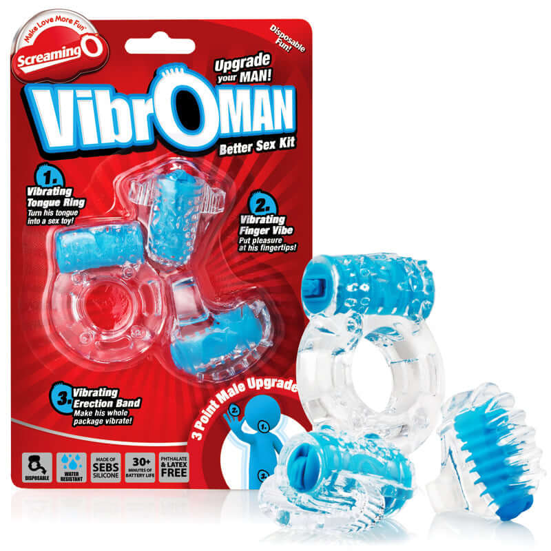Screaming O VibrOMan Blue starter kit featuring vibrating tongue ring, finger vibe, and erection band for enhanced pleasure.