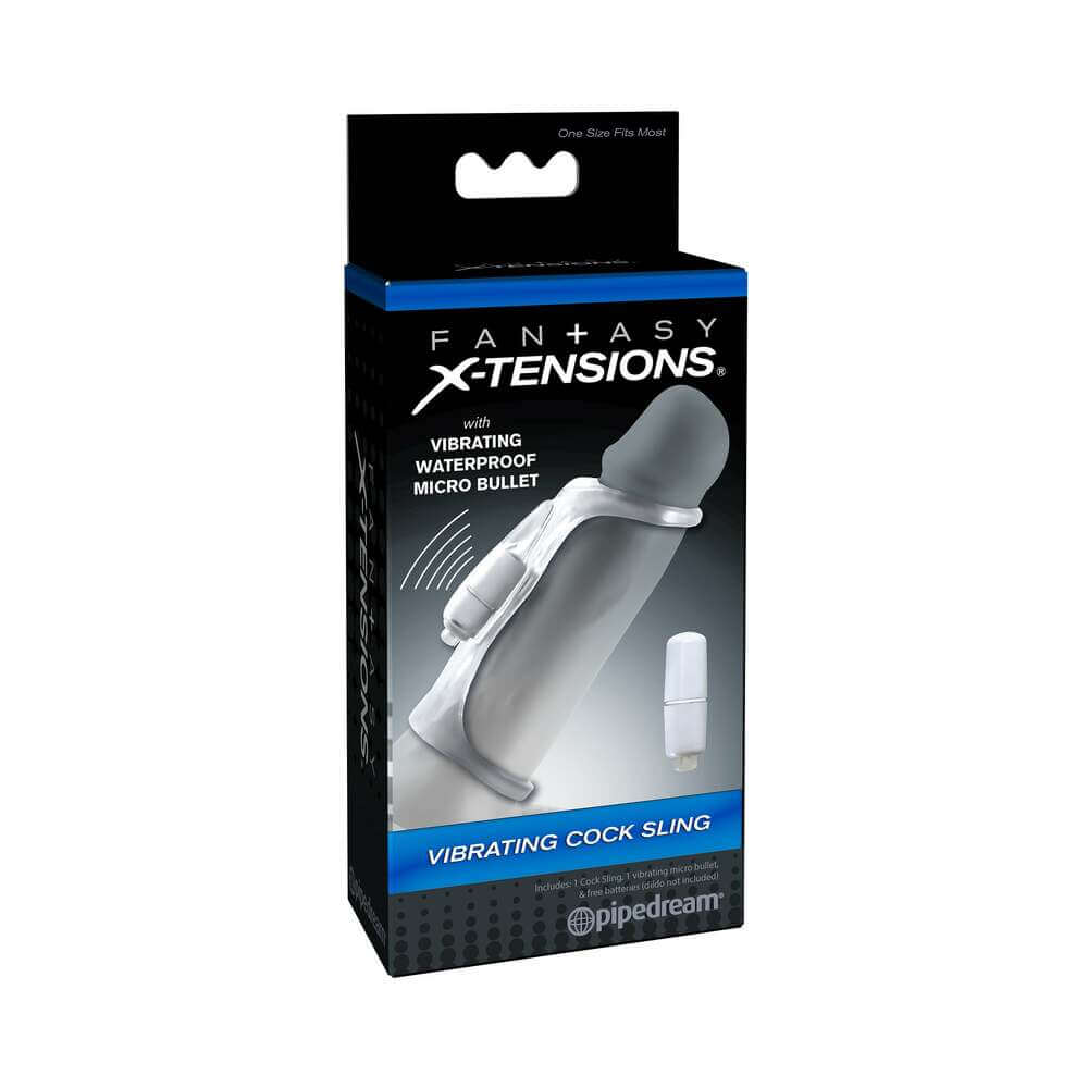 Fantasy X-tensions Vibrating Cock Sling Clear packaging featuring a vibrating waterproof micro bullet.