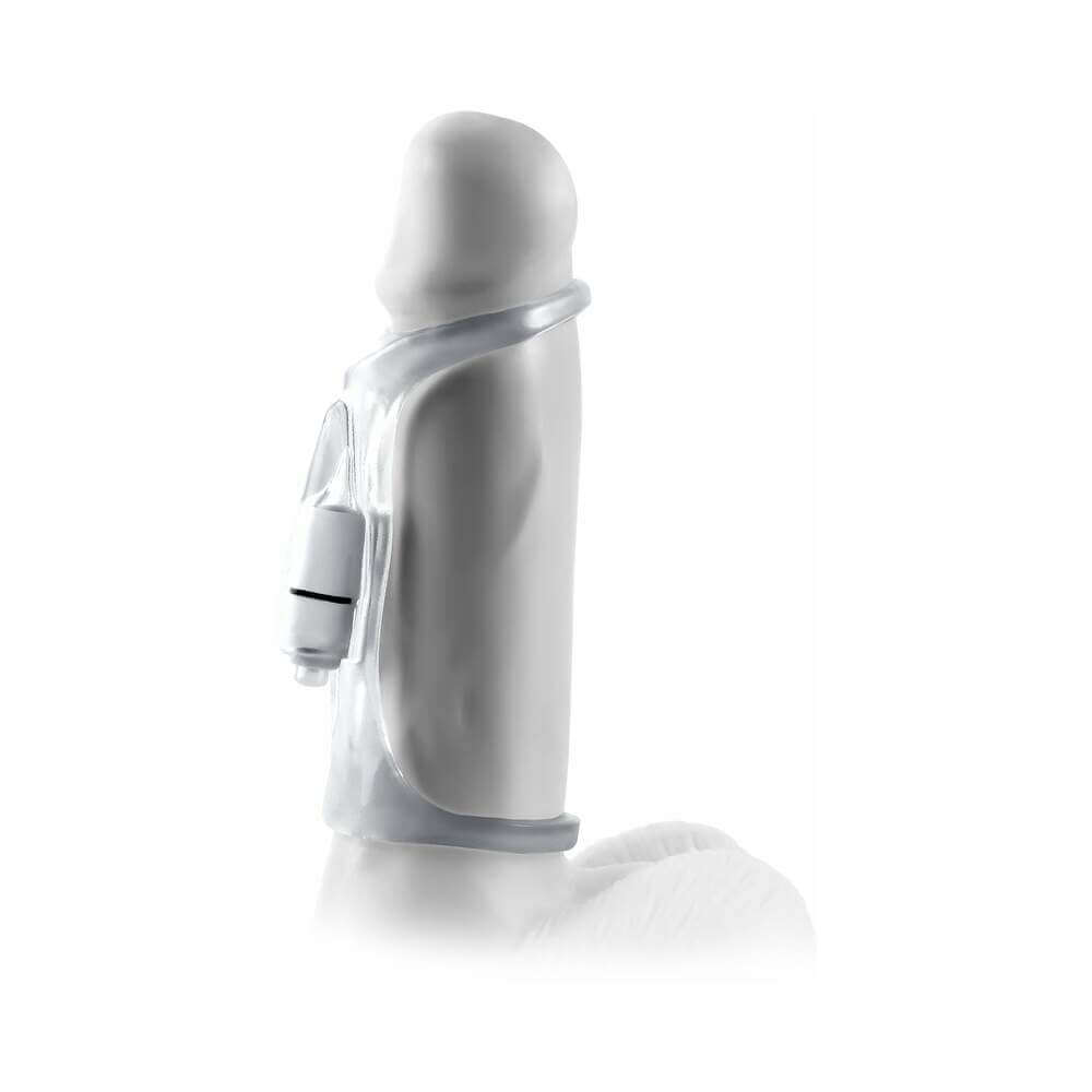 Fantasy X-tensions Vibrating Cock Sling Clear shown on a compatible accessory with a compact vibrating feature.