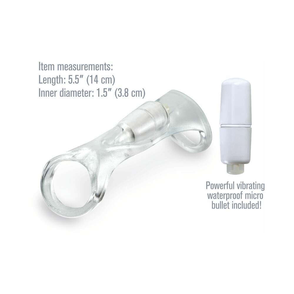 Fantasy X-tensions Vibrating Cock Sling Clear with measurements and waterproof micro bullet for added stimulation.