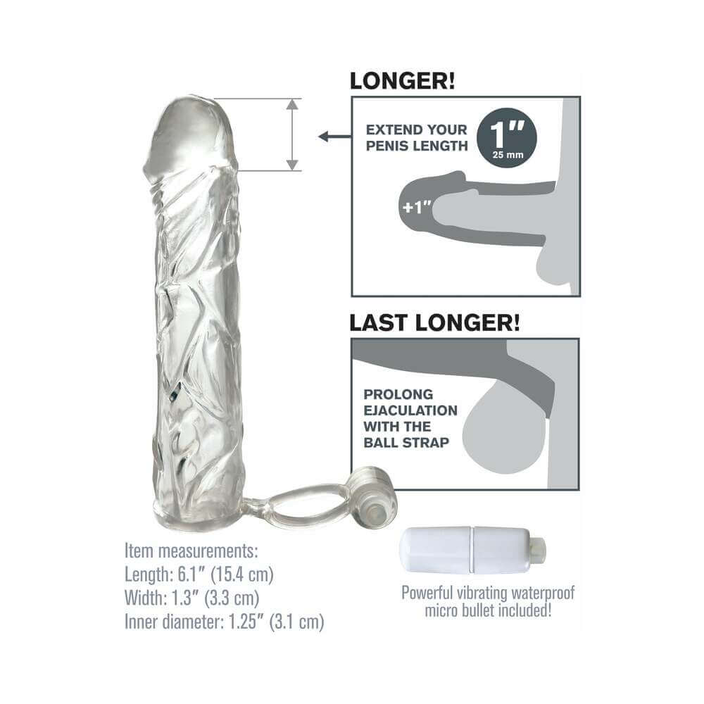 Fantasy X-tensions Vibrating Super Sleeve 1 inches Extension With Ball Strap Clear