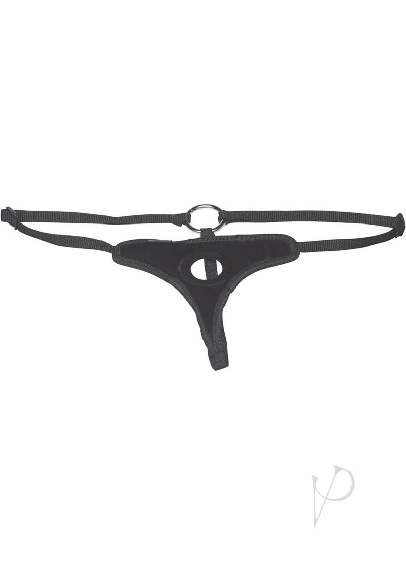 Lux Fetish Velvet Bikini Strap-On Adjustable Black harness with sleek design and adjustable straps.