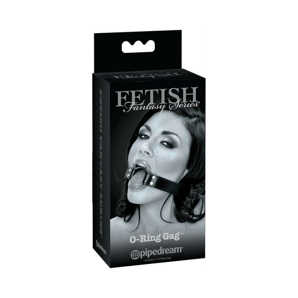 Fetish Fantasy Limited Edition Adjustable O-Ring Gag Black packaging showcasing a woman using the gag, perfect for bondage and roleplay.