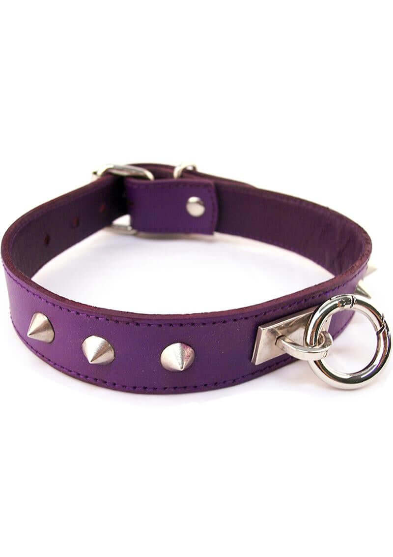 Rouge O Ring Studded Adjustable Leather Collar Purple with metal studs and a silver O ring, perfect for bondage and fetish wear.