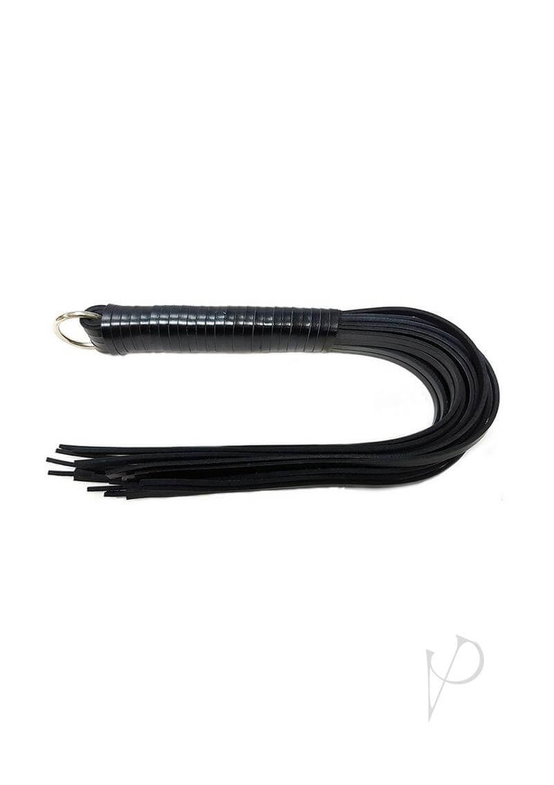 Rouge Leather Spiral Flogger Black with distinctive spiral handle and black leather falls for sensation play.