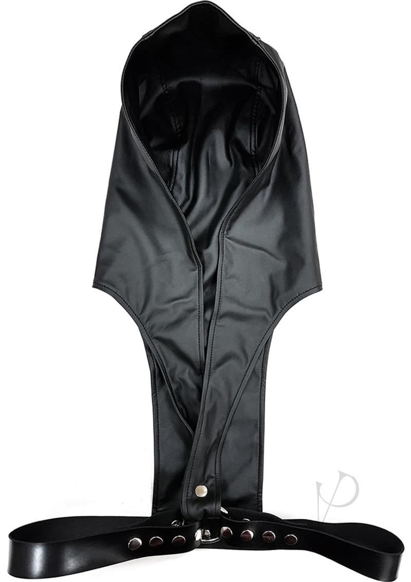 Rouge Leather Adjustable Harness Hoodie Black showcasing the sleek faux leather design and adjustable straps.