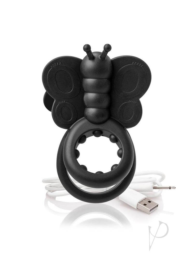 Charged Monarch Butterfly Vibe Silicone Cock Ring Black with a butterfly design and USB charging cable.