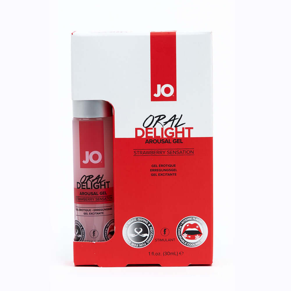 JO Oral Delight Arousal Gel Strawberry Sensation 1 Oz packaging showcasing premium flavored stimulant