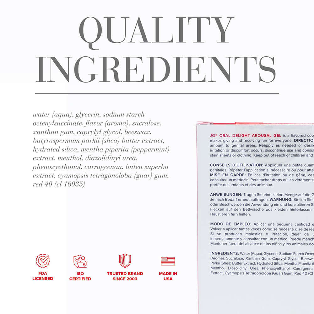 JO Oral Delight Arousal Gel Strawberry Sensation 1 Oz ingredients list with quality assurance details.