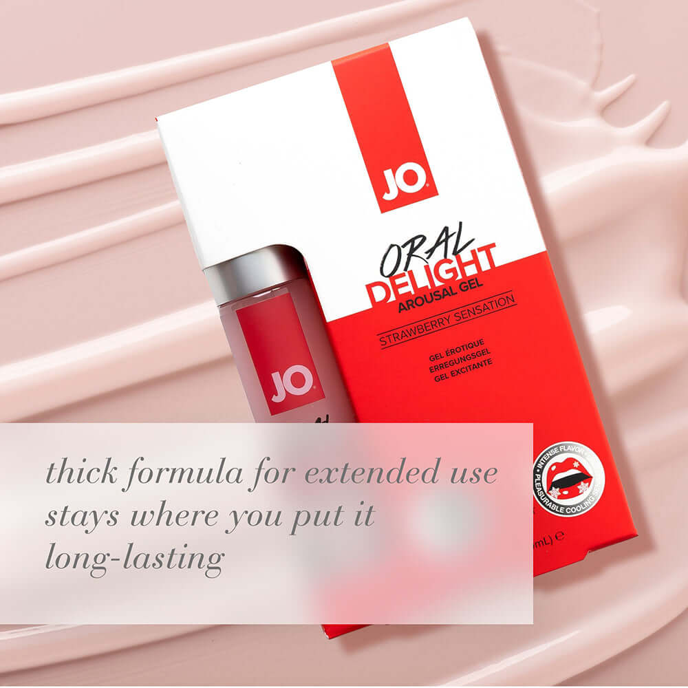 JO Oral Delight Arousal Gel Strawberry Sensation 1 Oz packaging with thick formula for extended use.