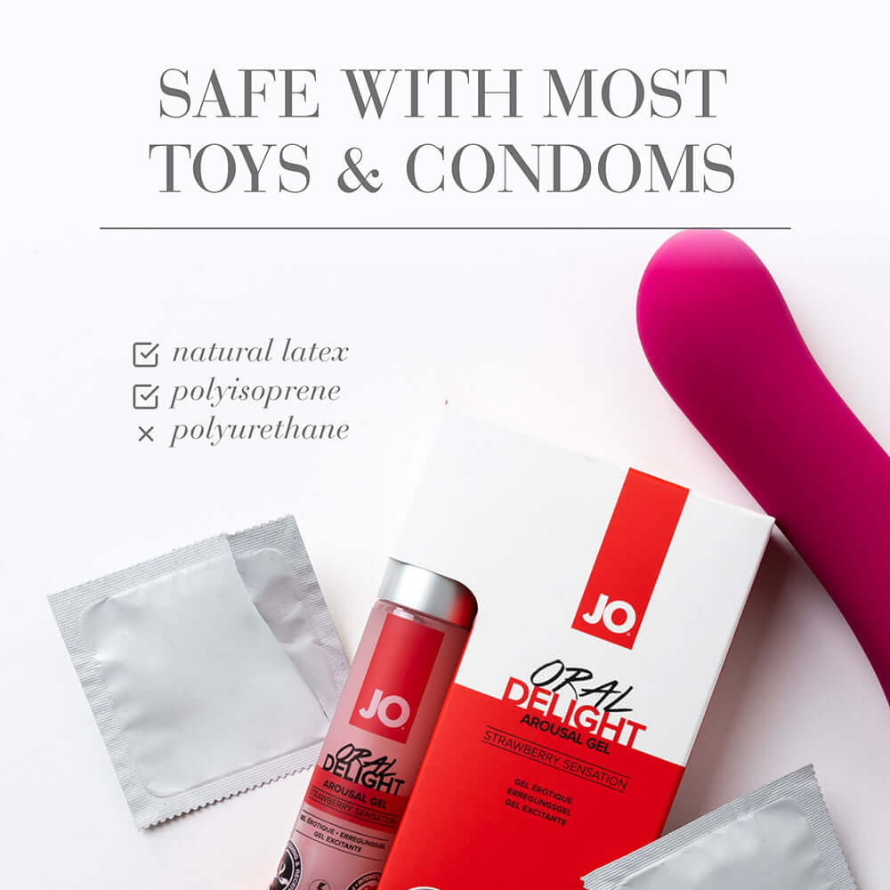 JO Oral Delight Arousal Gel Strawberry Sensation 1 Oz with safe latex and toy compatibility information.