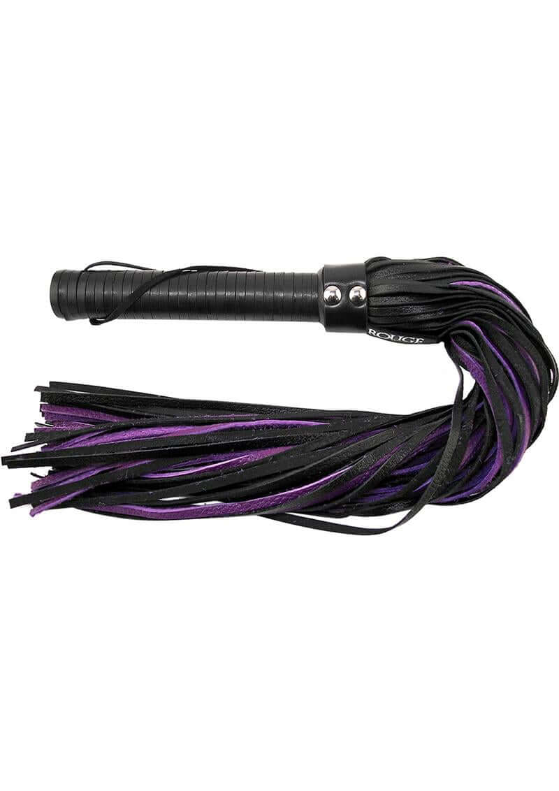 Rouge Leather Flogger Black and Purple with leather falls and a textured handle.