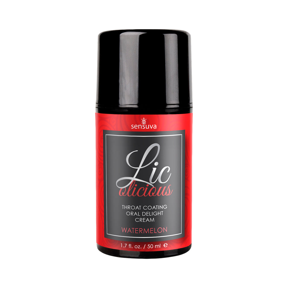 Licolicious Throat Coating Oral Delight Cream Watermelon 1.7 Oz packaging with a black cap.