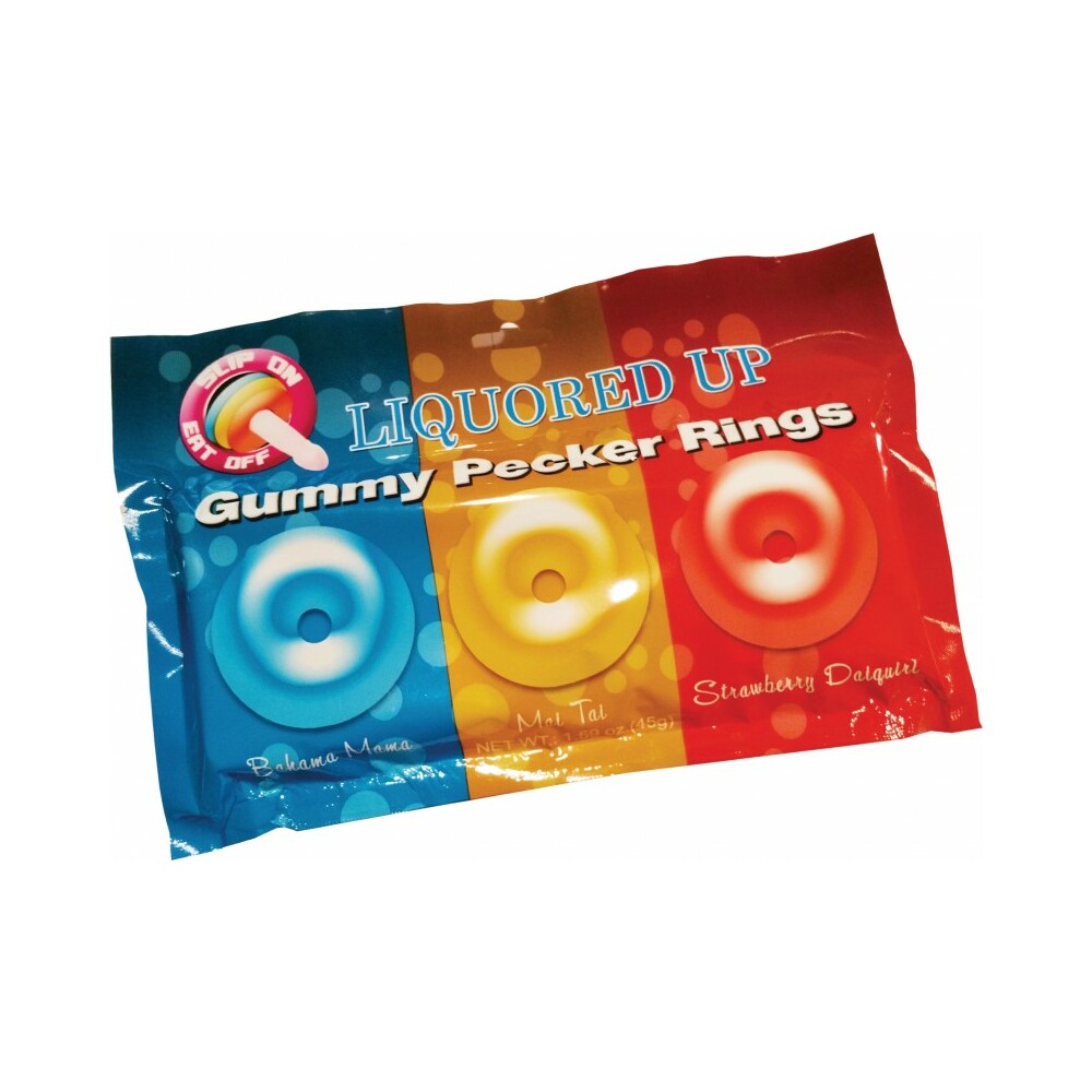 Liquored Up Pecker Gummy Rings 3 Pack packaging featuring colorful gummy rings in various flavors.