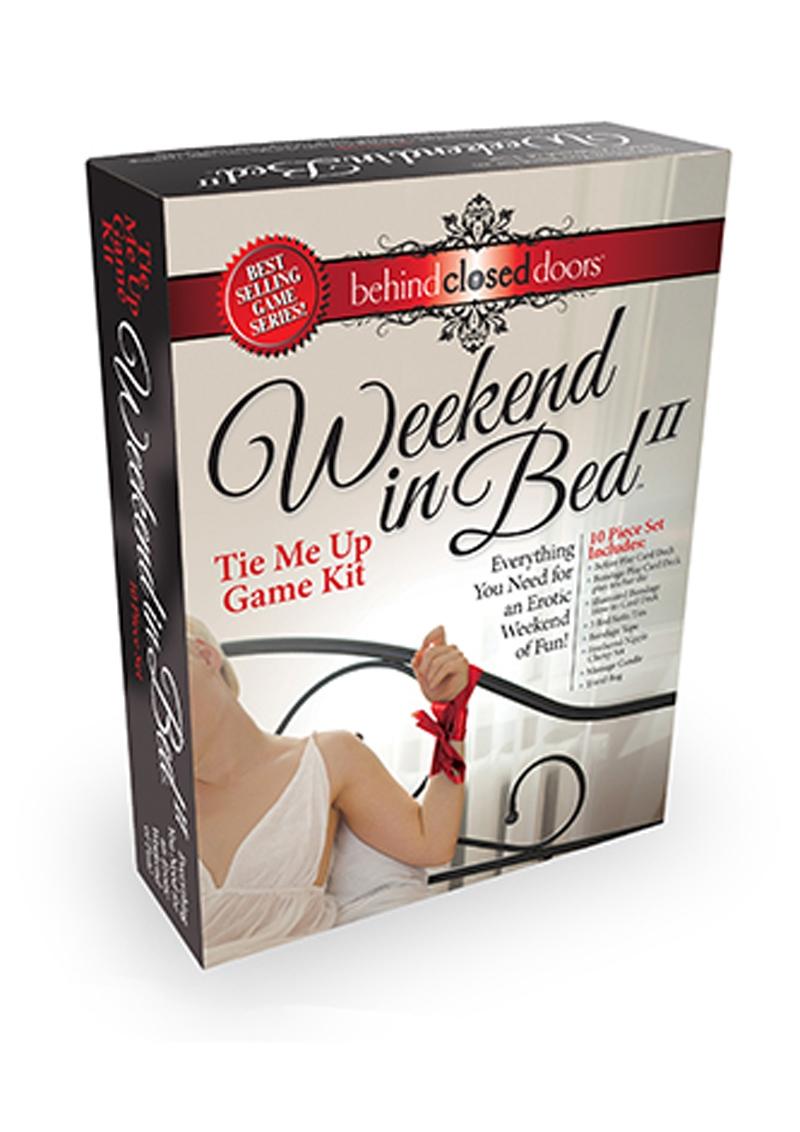 Behind Closed Doors Weekend in Bed II Tie Me Up Kit packaging showcasing a playful bondage game for couples.