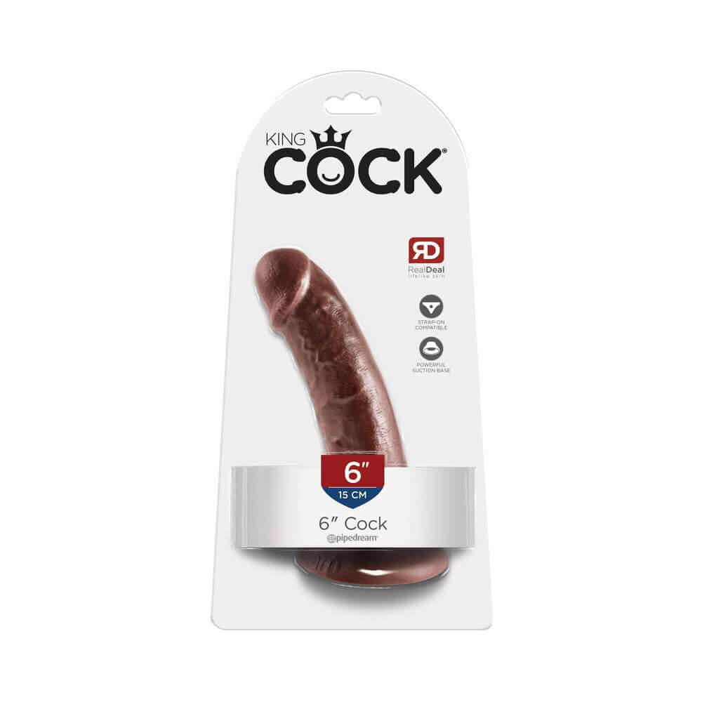 King Cock 6 inch Cock Realistic Dildo Brown packaged for retail display with realistic design and details.