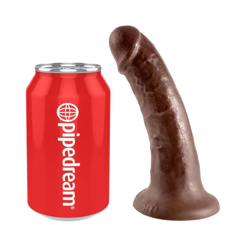 King Cock 6 inch Cock Realistic Dildo Brown next to a Pipedream soda can for size comparison.