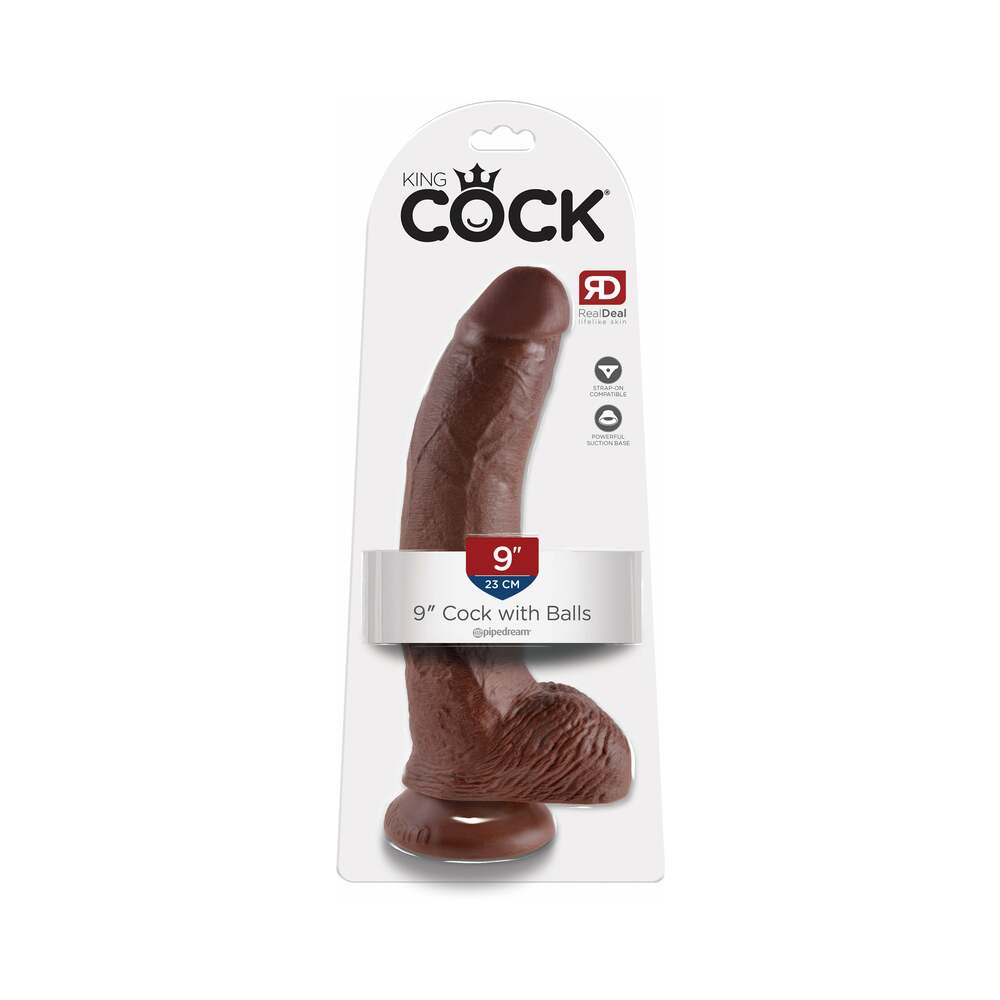 King Cock 9 inches Cock With Balls Realistic Suction Cup Dildo Brown