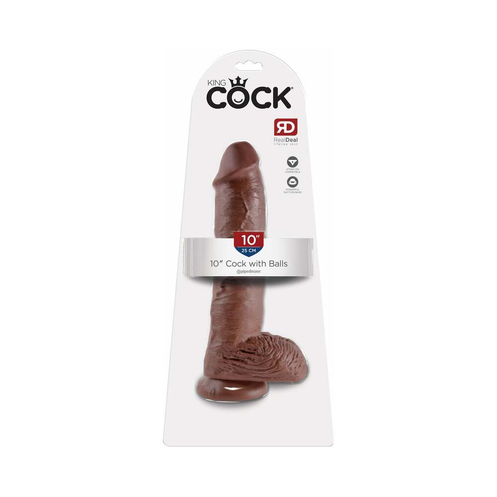 King Cock 10 inches Cock With Balls Realistic Suction Cup Dildo Brown