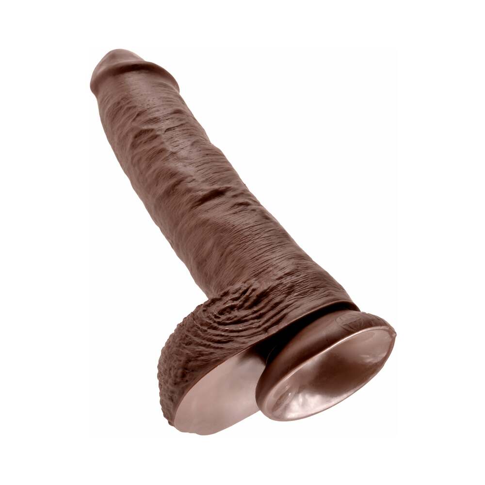 King Cock 10 inches Cock With Balls Realistic Suction Cup Dildo Brown