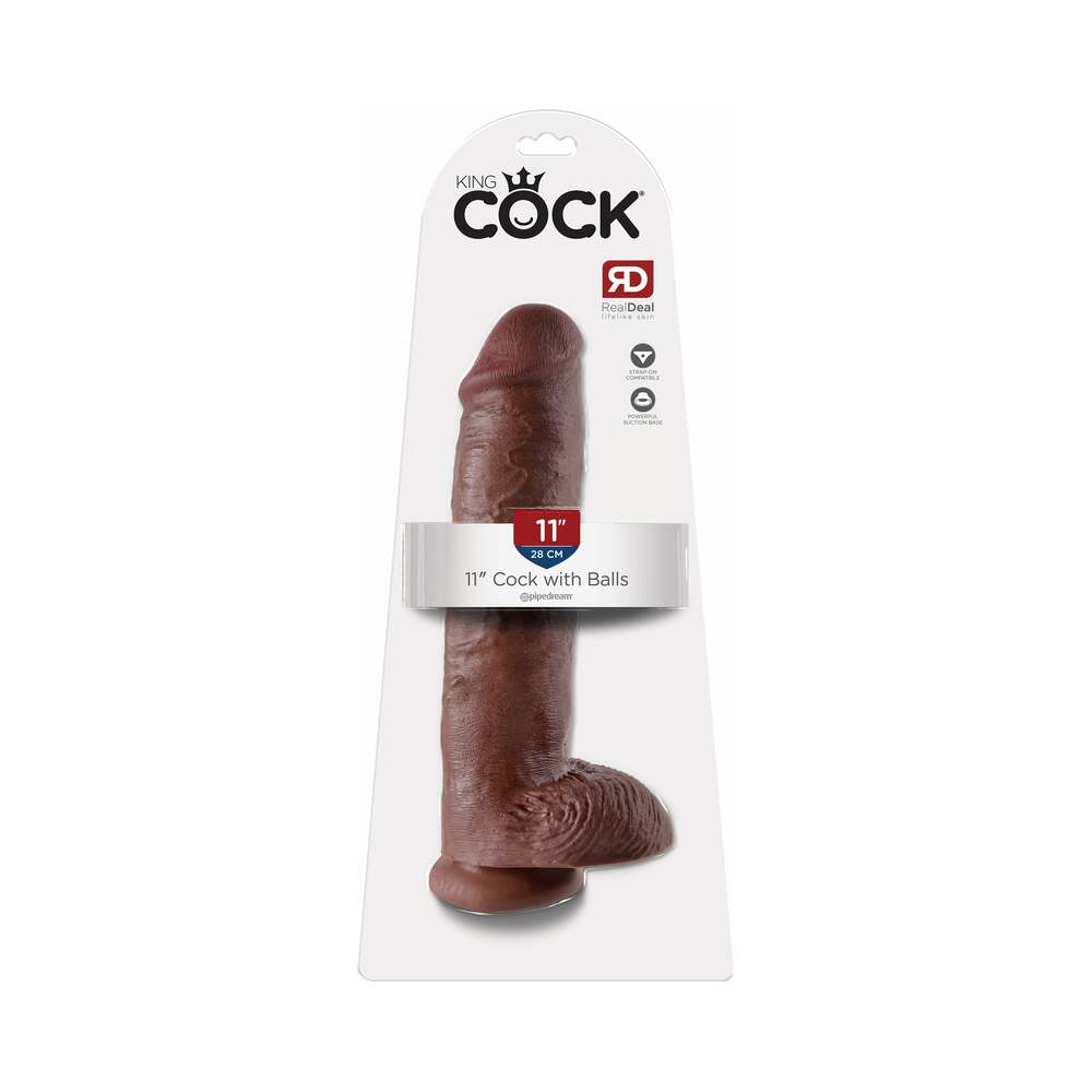 King Cock 11 inches Cock With Balls Realistic Suction Cup Dildo Brown