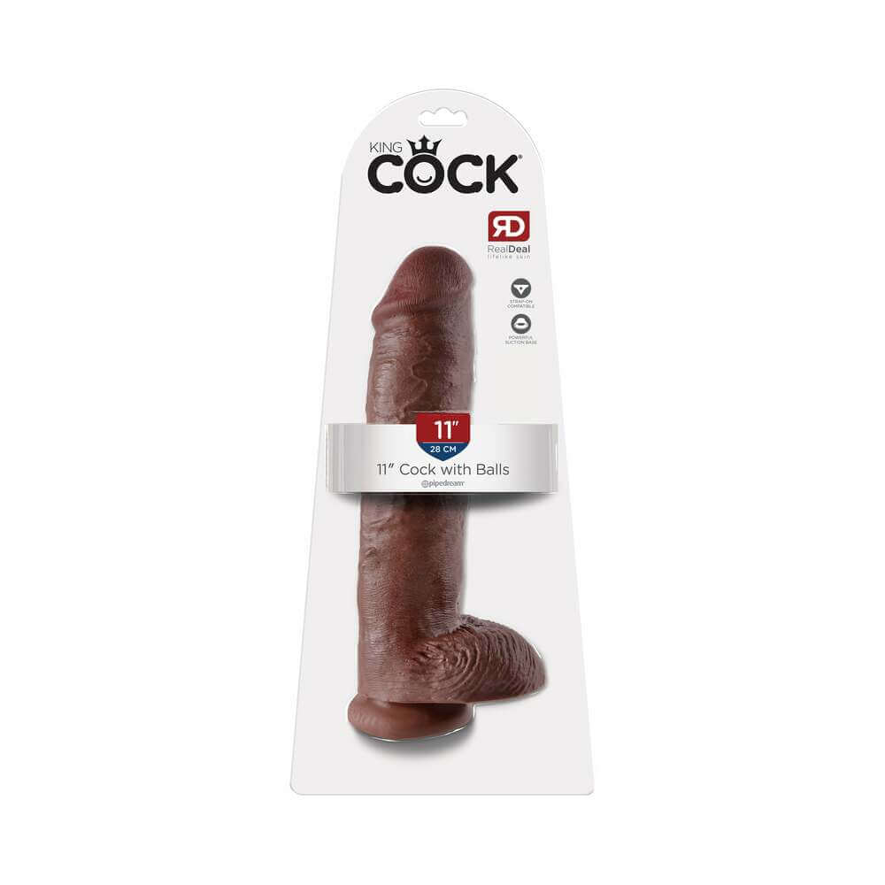 King Cock 11 inches Cock With Balls Realistic Suction Cup Dildo Brown