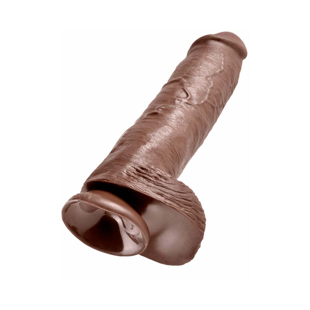 King Cock 11 inches Cock With Balls Realistic Suction Cup Dildo Brown