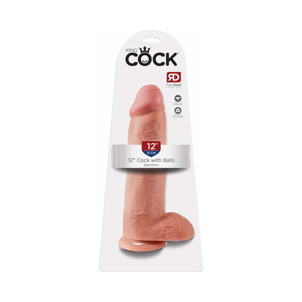 King Cock 12 inches Cock With Balls Realistic Suction Cup Dildo Beige