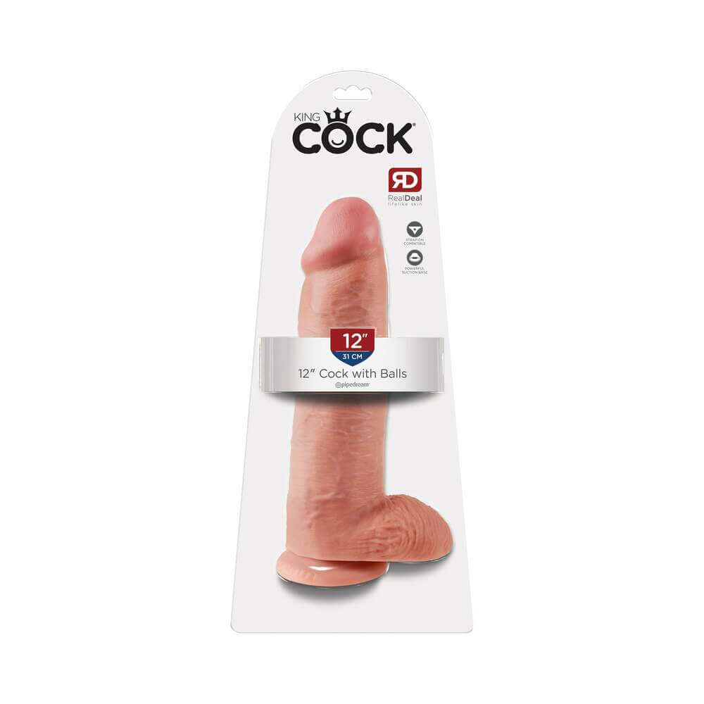 King Cock 12 inches Cock With Balls Realistic Suction Cup Dildo Beige