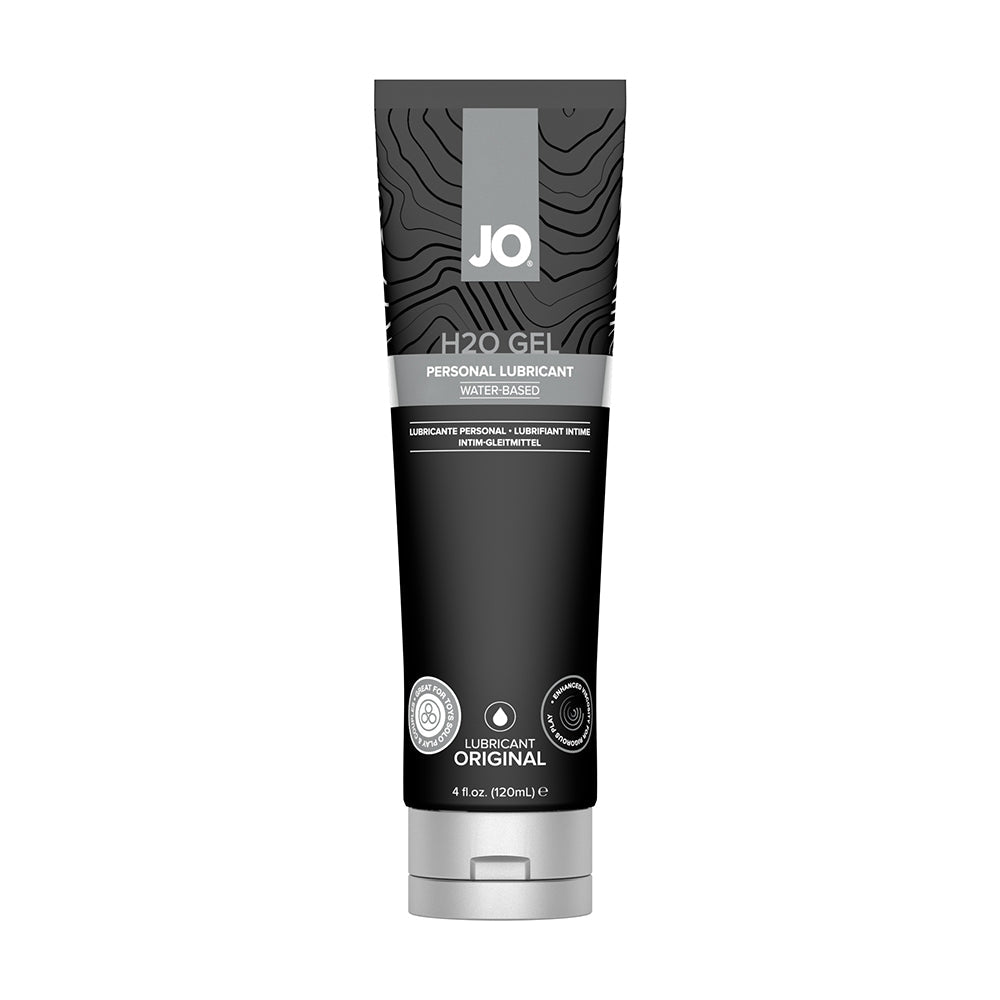 JO H2O Gel Water Based Personal Lubricant 4 Oz in a sleek black tube with textured design.
