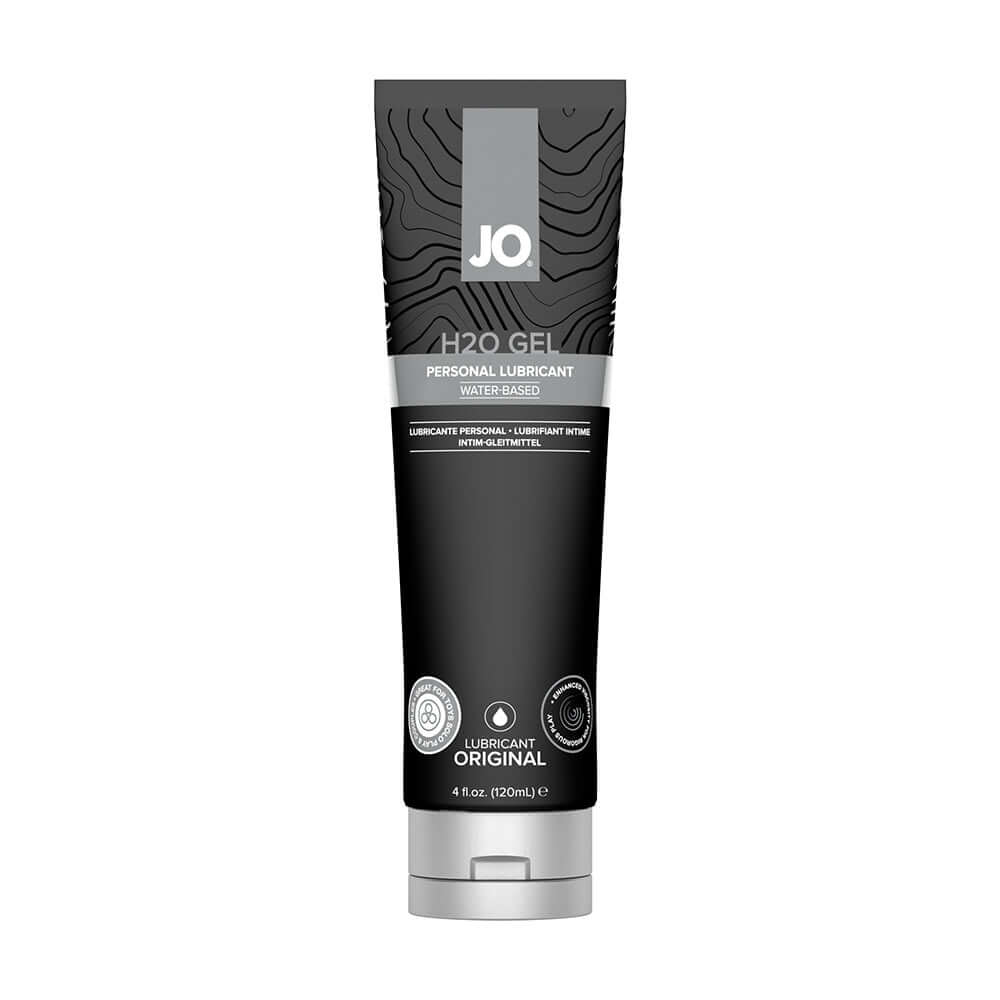 JO H2O Gel Water Based Personal Lubricant 4 Oz in a sleek black tube with textured design.