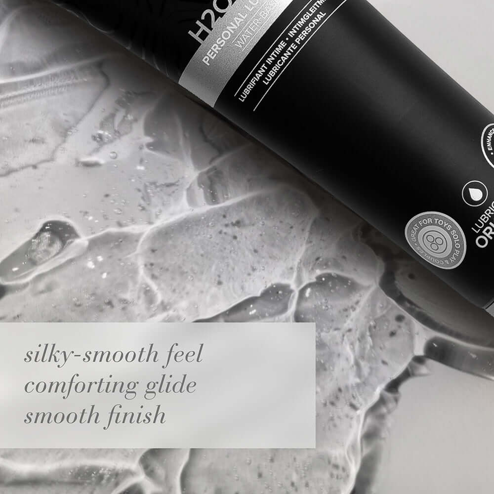 JO H2O Gel Water-Based Personal Lubricant 8 Oz bottle on a smooth, silken surface with descriptive text about its texture.
