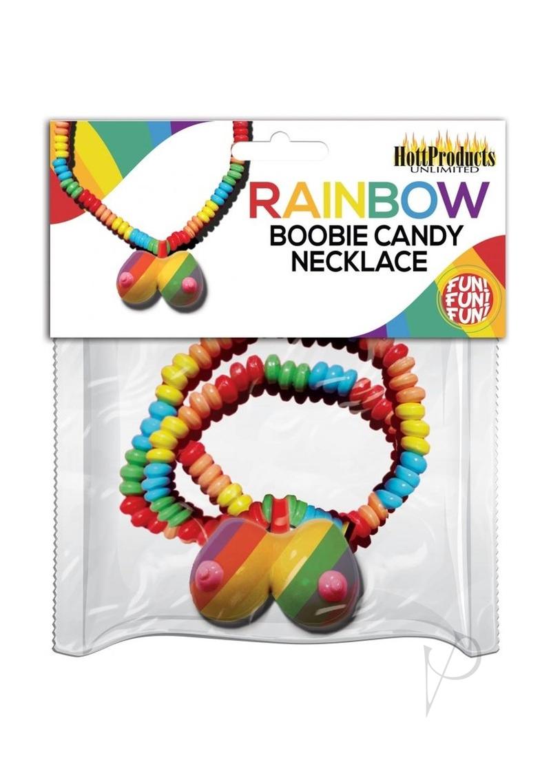 Rainbow Boobie Flavored Candy Necklace in colorful packaging with playful candies.