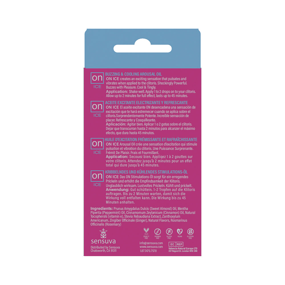 Sensuva ON Ice Arousal Oil 5 ml packaging back view with product details and ingredients.