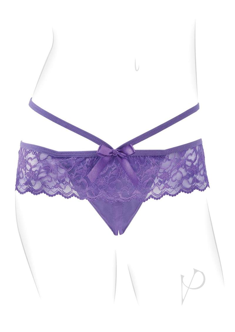 Fantasy For Her Thrill Her Crotchless Panty Vibe Purple showcasing sheer lace and decorative straps.