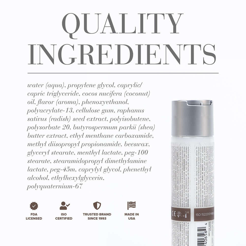 Ingredients list for JO Coconut Hybrid Original Lubricant 4 Oz showcasing quality components.