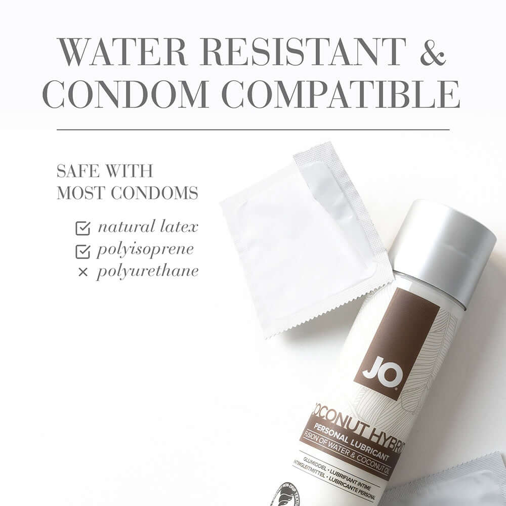JO Coconut Hybrid Original Lubricant 4 Oz bottle with condom compatibility information.