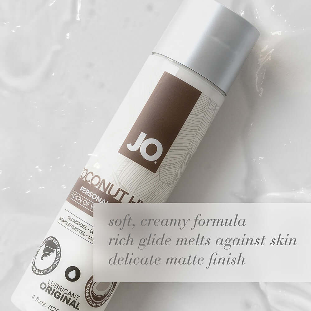 JO Coconut Hybrid Original Lubricant 4 Oz bottle with soft creamy formula, rich glide, and delicate matte finish.