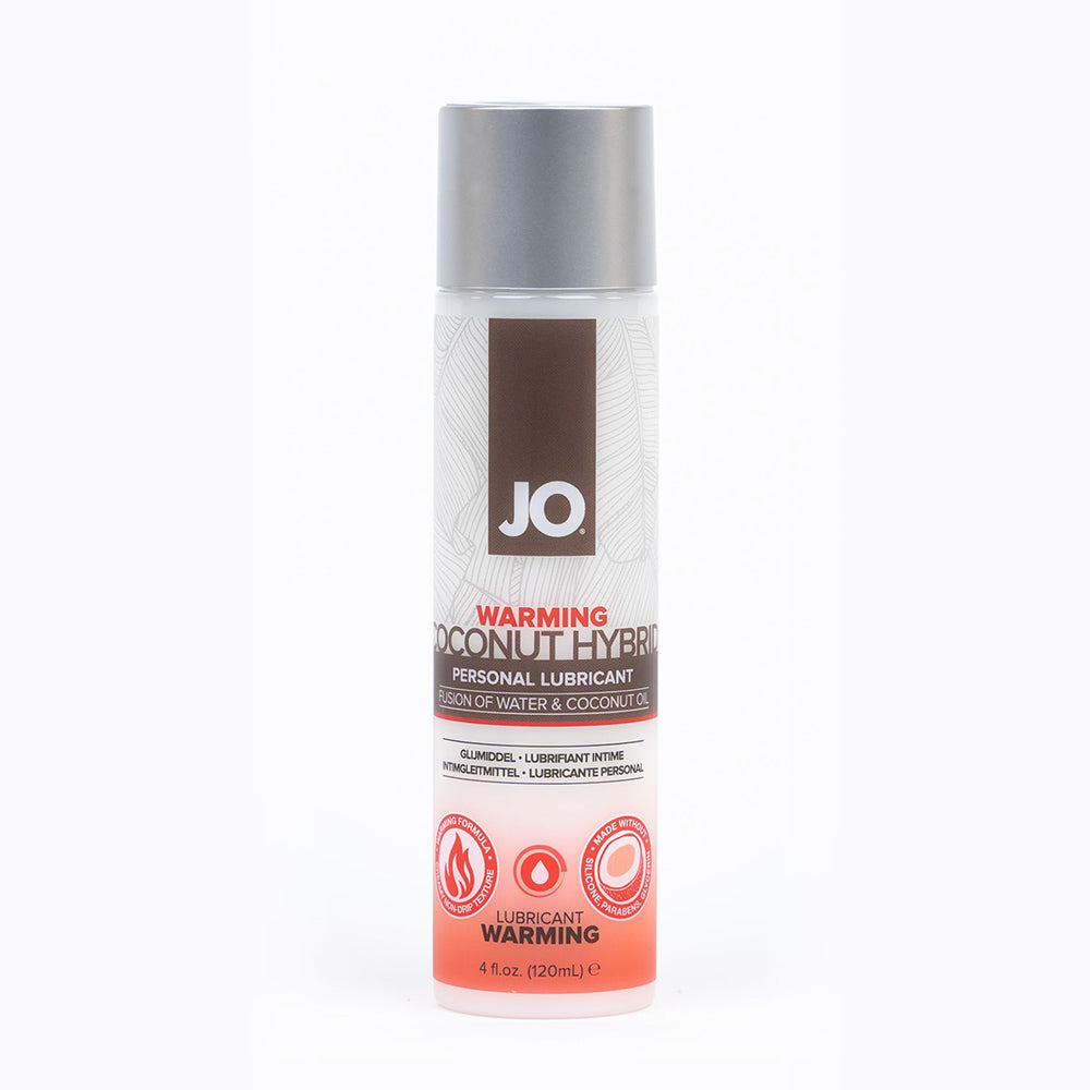 JO Coconut Hybrid Warming Lubricant 4 Oz bottle packaging with brand logo and product details.