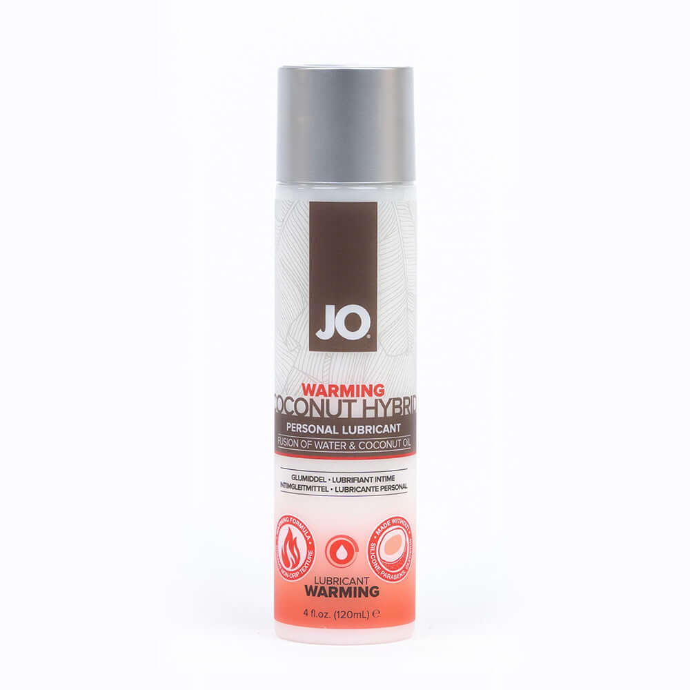 JO Coconut Hybrid Warming Lubricant 4 Oz bottle packaging with brand logo and product details.