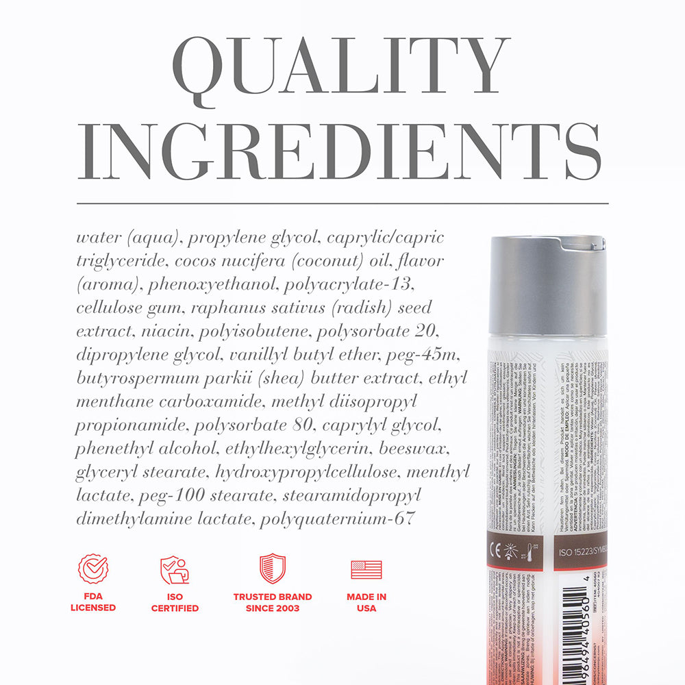 Ingredients list for JO Coconut Hybrid Warming Lubricant 4 Oz highlighting quality components and benefits.