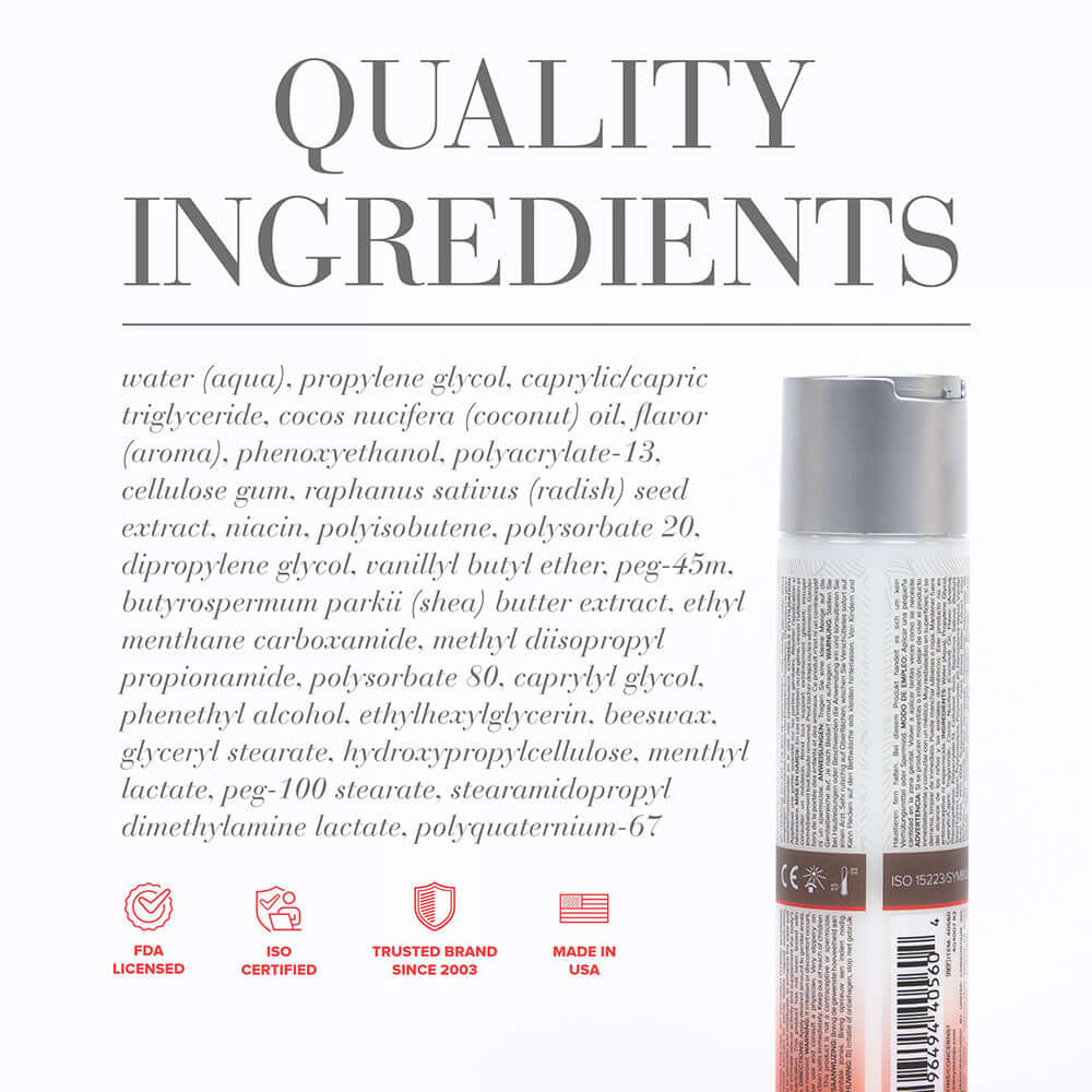 Ingredients list for JO Coconut Hybrid Warming Lubricant 4 Oz highlighting quality components and benefits.