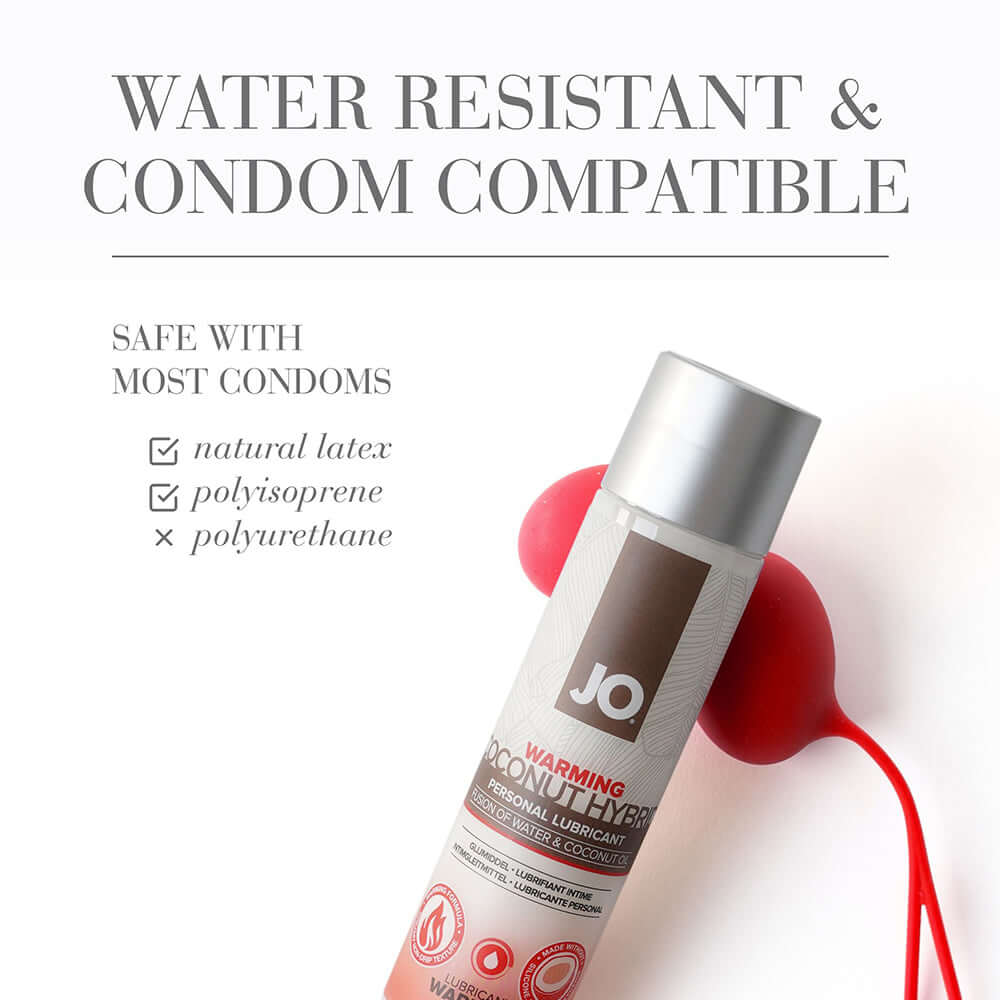 JO Coconut Hybrid Warming Lubricant 4 Oz water resistant and condom compatible with natural latex and polyisoprene.