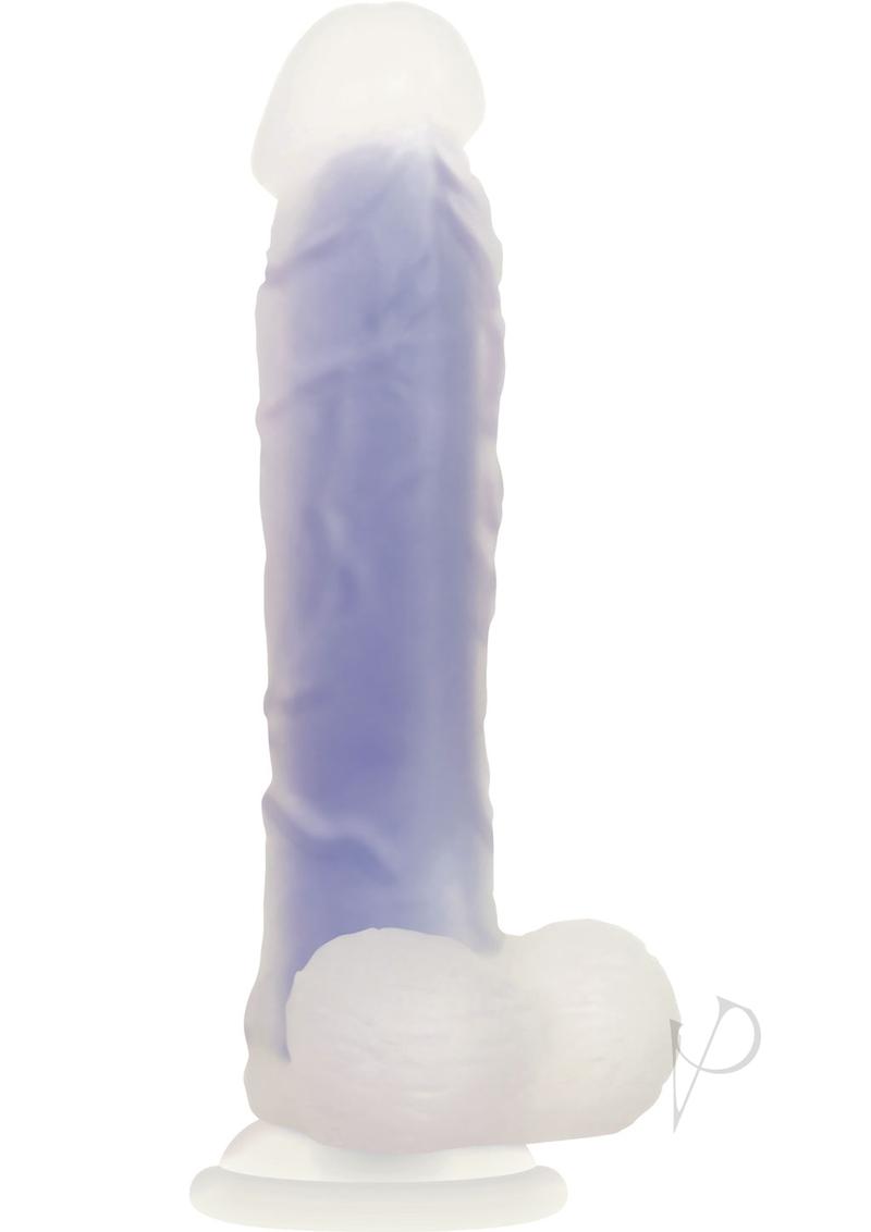 Luminous Silicone Realistic Glow Dildo 8 inch Purple with lifelike details and glowing feature for playful pleasure.