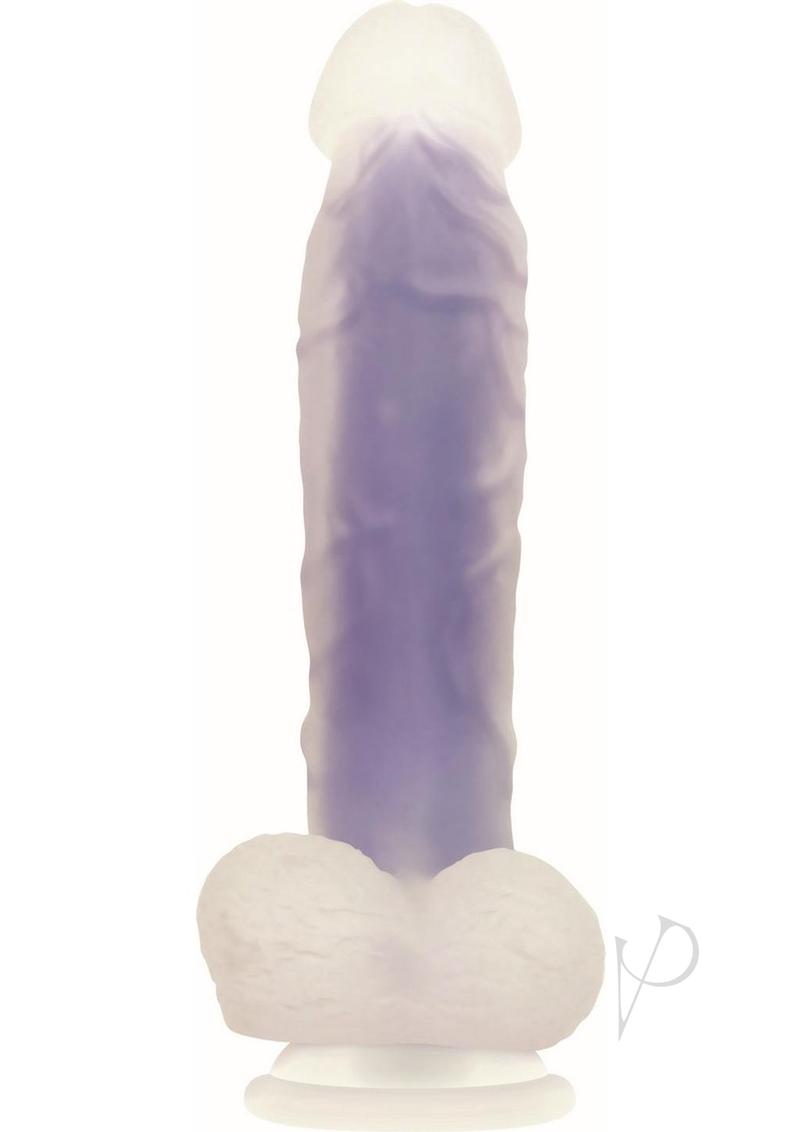 Luminous Silicone Realistic Glow Dildo 8 inch Purple with lifelike detail and inner glow feature.