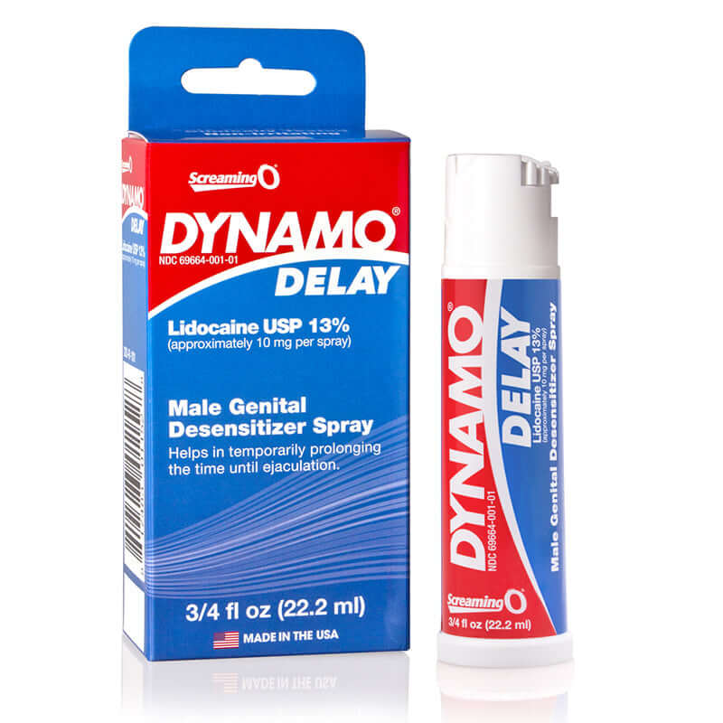Screaming O Dynamo Delay Spray 0.75 Oz packaging with lidocaine for longer-lasting intimacy.