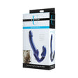 Strap U Revolver II Strapless Strap-On Dildo Blue packaging featuring a sleek design and vibrant color.