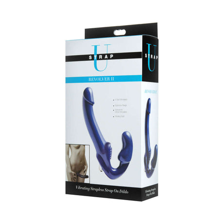 Strap U Revolver II Strapless Strap-On Dildo Blue packaging featuring a sleek design and vibrant color.